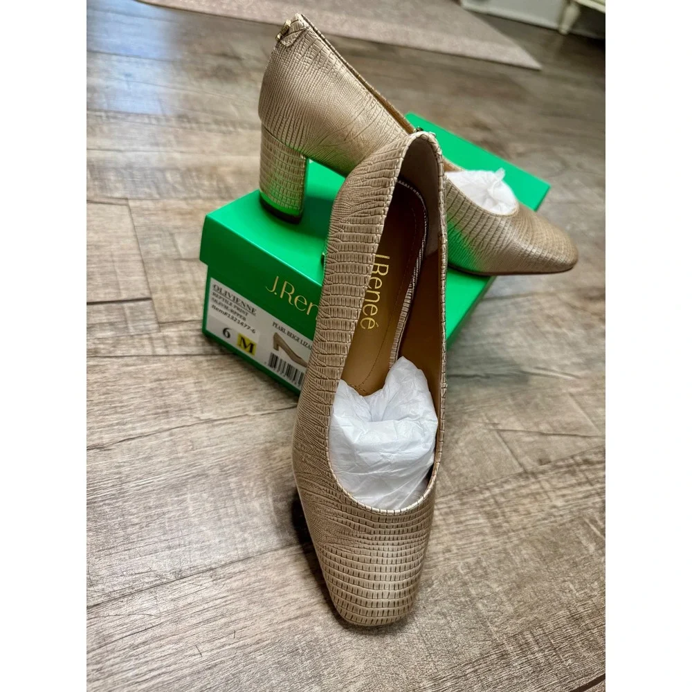 J. Renee Olivienne Pearl Beige Lizard Print Square Toe Block Heel Pumps Size 6M